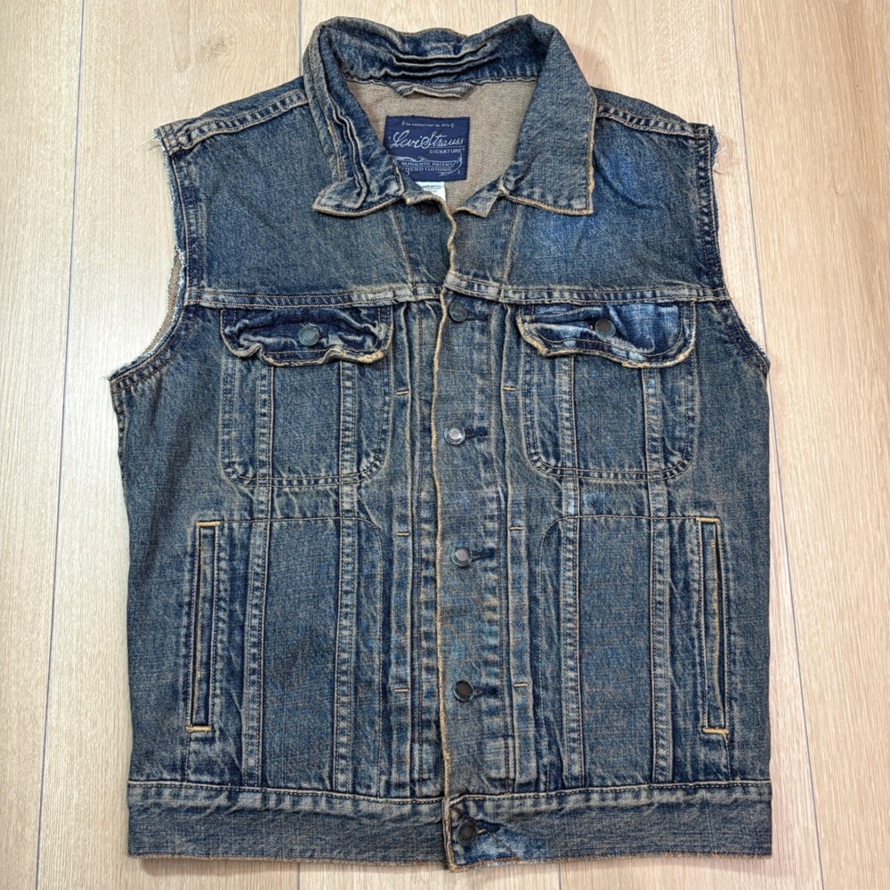Levi Strauss Signature Mens Denim Vest Medium Wash Frayed Sleeveless Trucker